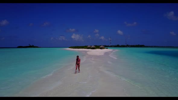 Ladies together happy and smiling on luxury sea view beach vacation by blue sea with white sandy bac