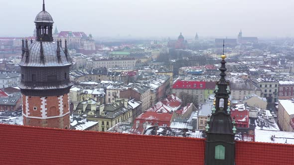 Aerial View of the Historical Center of Krakow Church Wawel Royal Castle in Winter