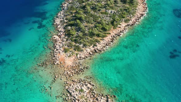 Aerial View of Clear Turquoise Water Near a Tropical Island in the Caribbean