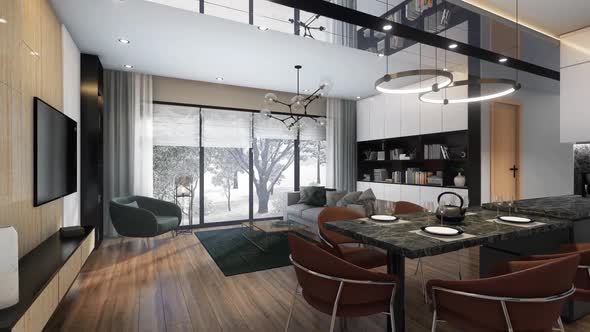 3d render, Camera span across a modern open living space with kitchen