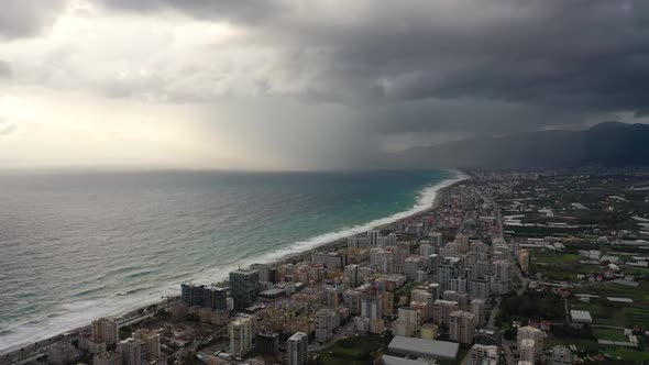 Heavy Rain Over the City Aerial View Alanya Turkey 4 K