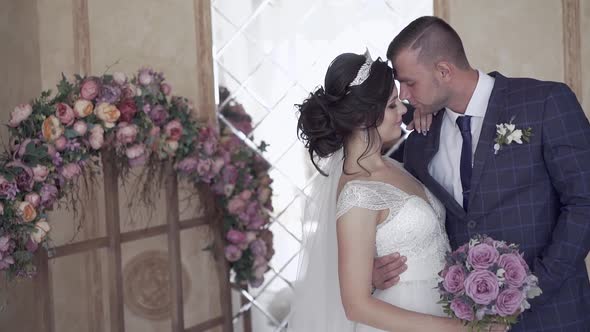 Wonderful Wedding Couple with Bouquet Arms Slow Motion