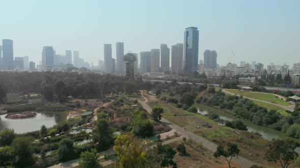 Aerial Shot of Tel Aviv Skyline view from Yarkon Park