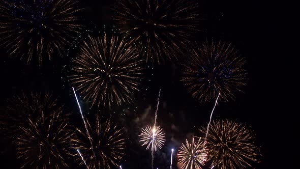 Multiple fireworks of many different colors explode in the night sky.