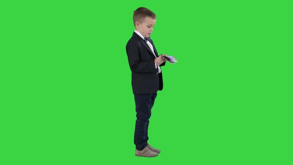 Little Boy in Black Suit Counts Money on a Green Screen, Chroma Key.