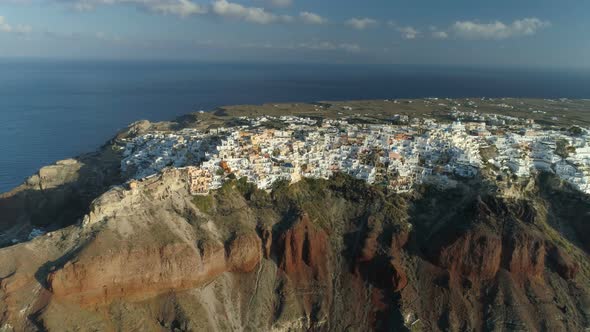 Aerial View Flying Over City of Oia on Santorini Greece