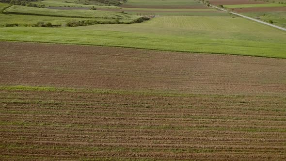 Aerial view of grass fields surrounded by vegetation and hills.