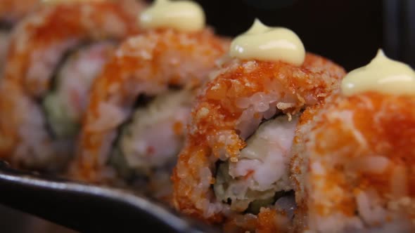 Sushi roll set. Various Sushi japanese food in restaurant
