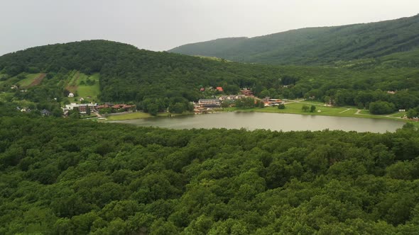 Aerial view of Lake Vinne in the village of Vinne in Slovakia