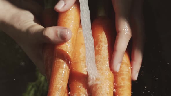 Crop woman hands washing carrot