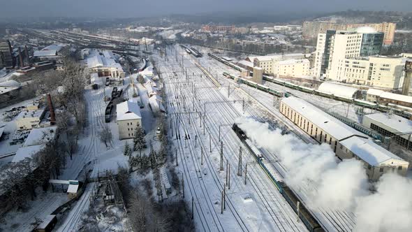 Retro Old Steam Locomotive Ride at Winter Time