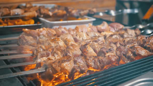 Shish Kebab Cooked on the Grill on the Street Market