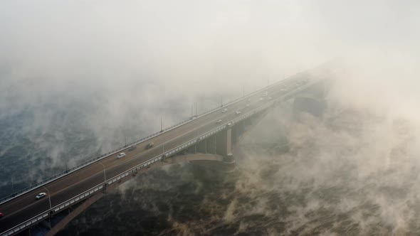 The foggy Yenisei river Krasnoyarsk Communal bridge Foggy bridge Winter Krasnoyarsk