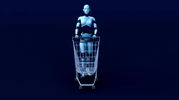 4K concept animation of a woman robot shopping alt