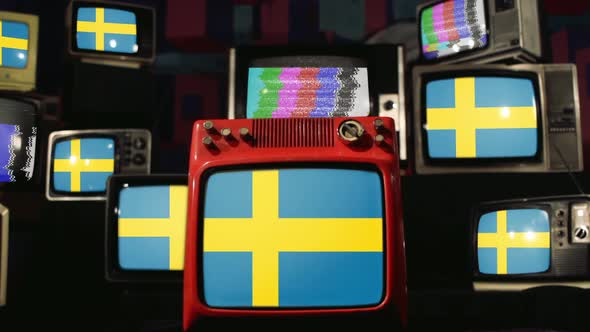 Flag of Sweden and Piled Retro TV.