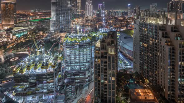 Amazing Aerial View of Dubai Downtown Skyscrapers Night Timelapse Dubai United Arab Emirates