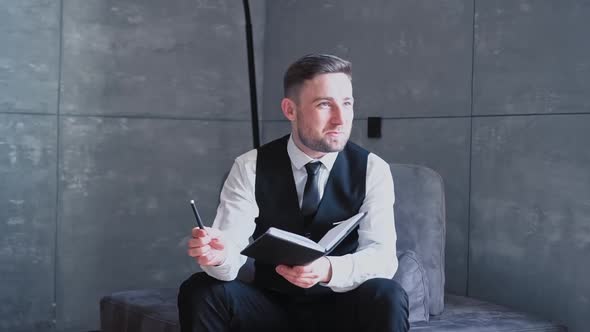 Headshot Portrait Smiling Confident Caucasian Male Businessman Being Modern Office Dark Room