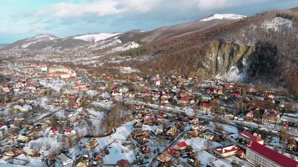 Aerial View of a Village in the Carpathian Mountains in Winter. Yaremche, Ukraine.