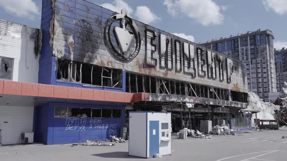 War in Ukraine  Destroyed Building of a Shopping Center in Bucha