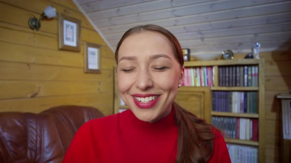 Smiling Young Blogger Make Video Call Yawns Say Goodbye During Videochat at Home