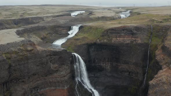 Static Aerial View of the Majestic Haifoss Waterfall in Landmannalaugar Valley in South Iceland