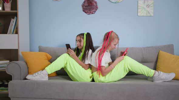Internet Obsession Trendy Children Using Mobile Phones Girlfriends Ignoring Each Other Sitting on
