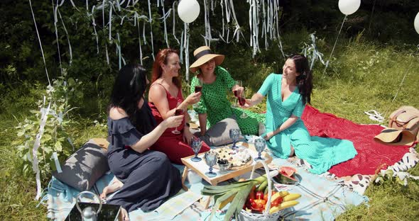 Girls On A Picnic Knocking Over Glasses Of Wine 