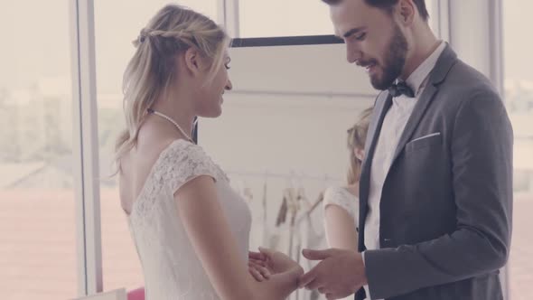 Happy Bride and Groom in Wedding Dress Prepare for Married in Wedding Ceremony