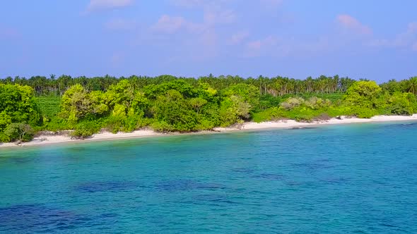 Sunny panorama of seashore beach voyage by blue water with sand background near waves