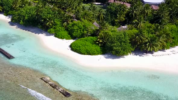 Aerial drone panorama of exotic bay beach voyage by blue water and sand background