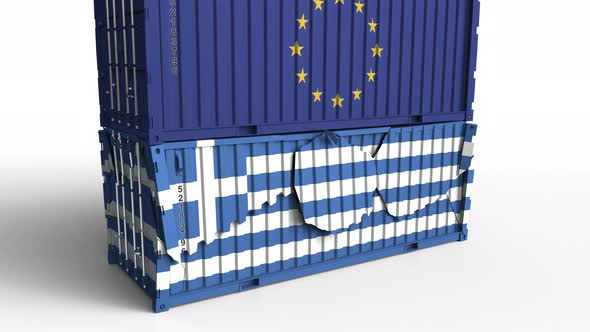Container with Flag of the EU Breaks Container with Flag of Greece alt