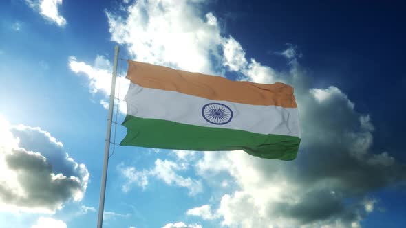 Flag of India Waving at Wind Against Beautiful Blue Sky