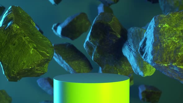 Rocks set on neon green blue background