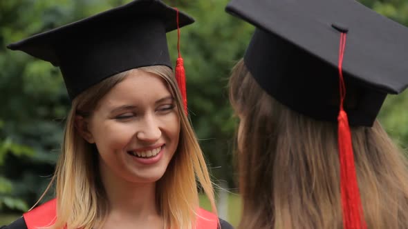 Cute Blonde Graduate Talking to Best Friend and Smiling, Conversation, Future