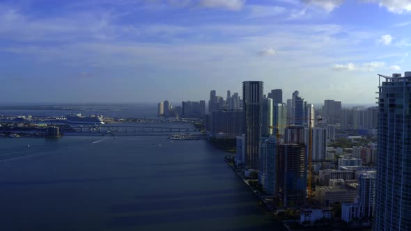 Blue Hue Aerial Drone Video Miami Waterfront Scene View Towards Downtown