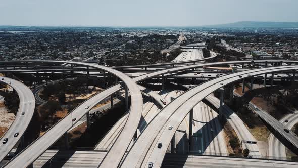 Amazing Aerial Panning Shot of Famous Judge Pregerson Highway Road Junction with Multiple Complex