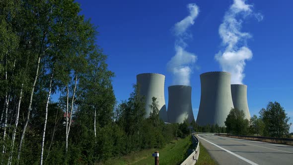 Factory (Nuclear Power Station) - Smoke From Chimney - Road with Trees