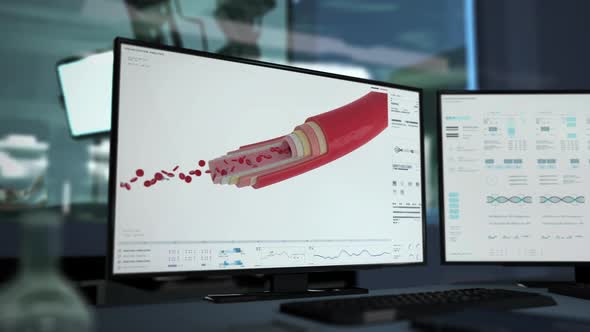 Medical scanner system is analyzing blood cells with nano robots inside of vein alt