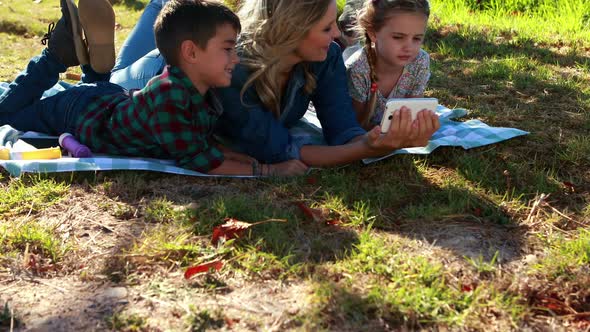 Mother and kids using digital tablet in park 4k