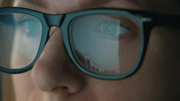 Woman in Glasses Looking on the Monitor and and Working with Charts and Analytics