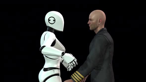 Female Robot and Man Human Hug Together