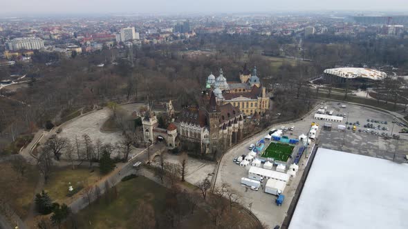 4K circle drone shot over Vajdahunyad Castle in Budapest Hungary 1