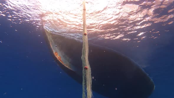 Fishing Net Hanging From Boat Under Sea in Underwater