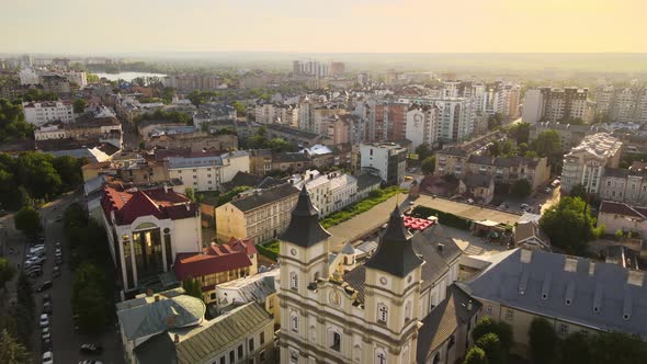 Aerial View of Historic Center of IvanoFrankivsk City with Old European Architecture