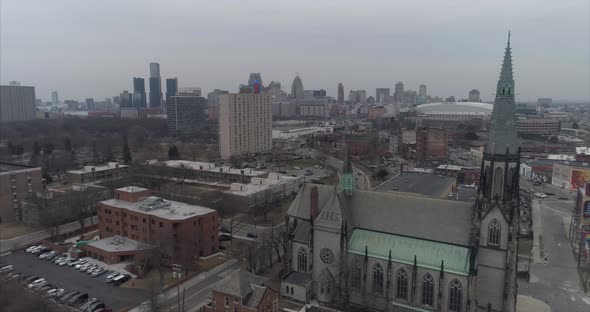 Aerial view of Detroit city landscape in the Eastern Market Detroit area. This video was filmed in 4