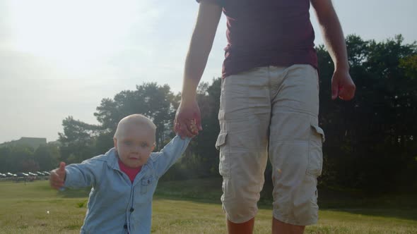 Little Boy with Dad Learn to Walk Holding Hands in the Park