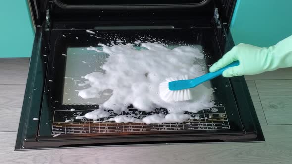 Woman in Rubber Gloves Carefully Washes the Oven Door with a Brush