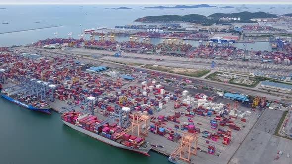 Aerial top view of container logistics shipping in Laem Chabang, Chon Buri, Thailand