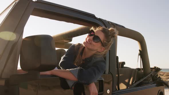 Woman enjoying free time during road trip