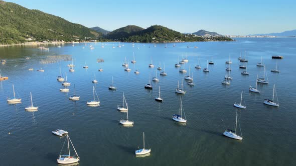 Drone aerial view image of many boats and yachts in the sea